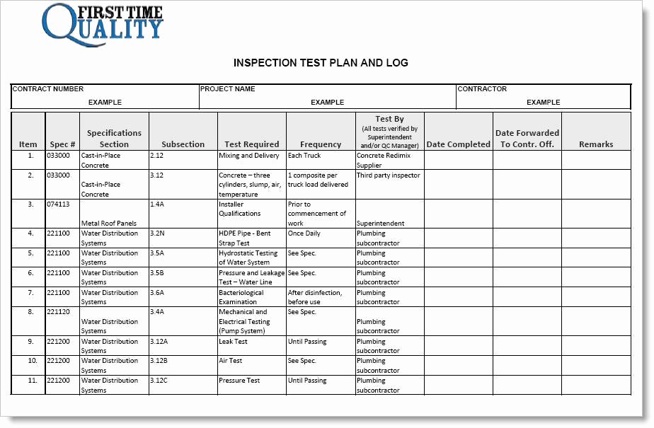 Inspection Test Plan form Pleted Example
