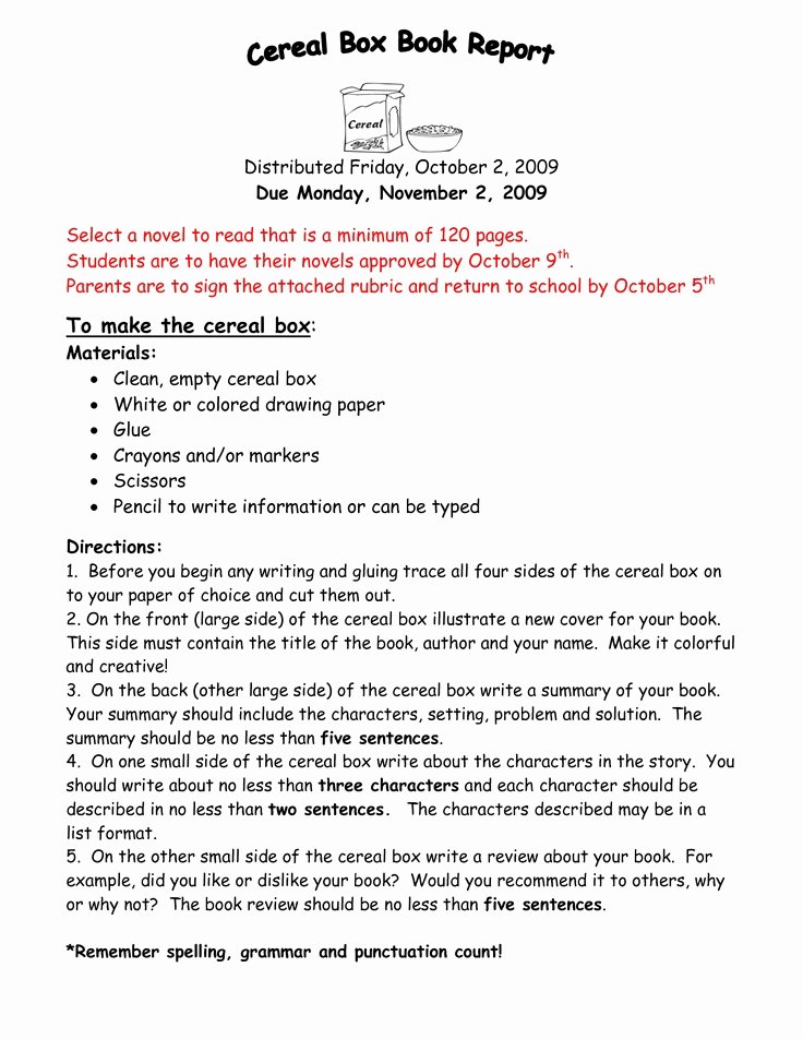 Instructions for Cereal Box Book Report