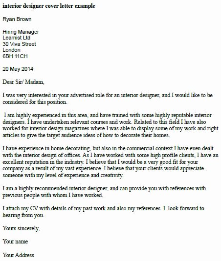Interior Designer Cover Letter Example Learnist