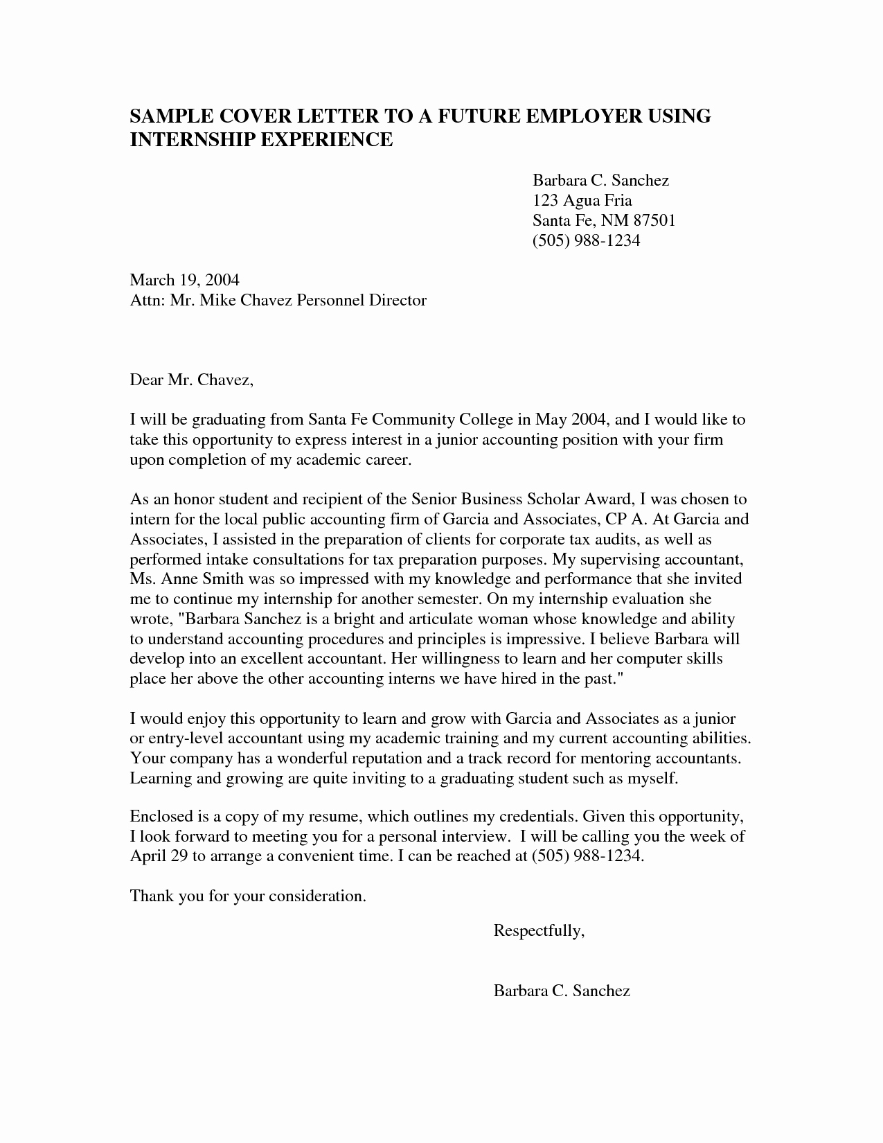 Internship Cover Letter Examples Accounting Cover Letter