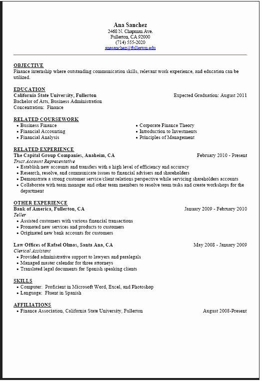 Internship Resume Sample Career Center