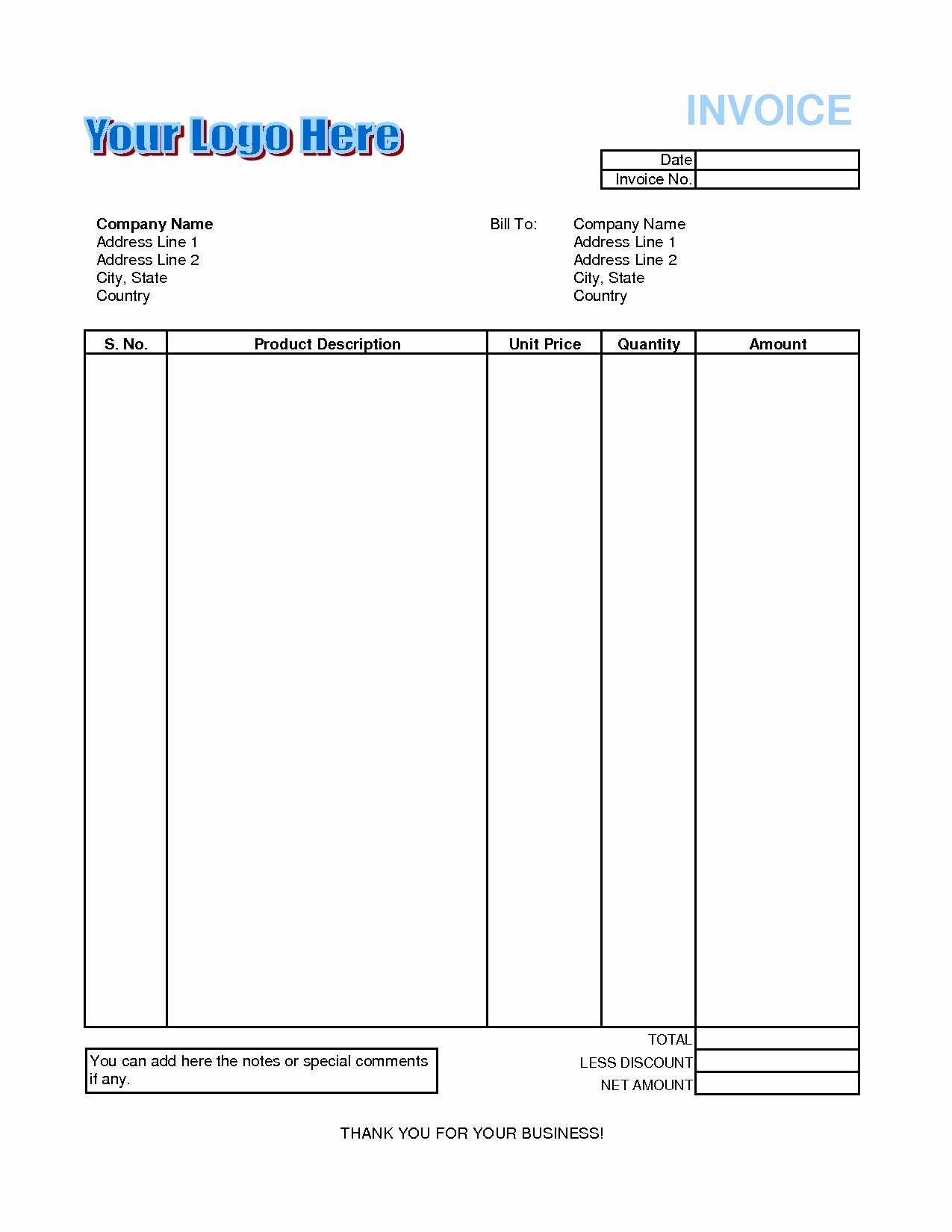 Invoice format In Excel Sheet Free Download