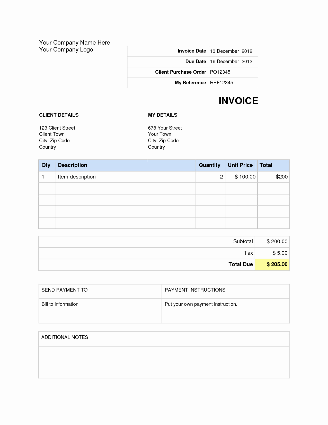 Invoice Template Word format