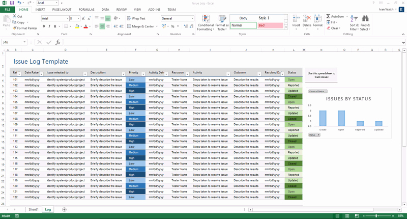 Issue Log Templates – Ms Excel Word – software Testing