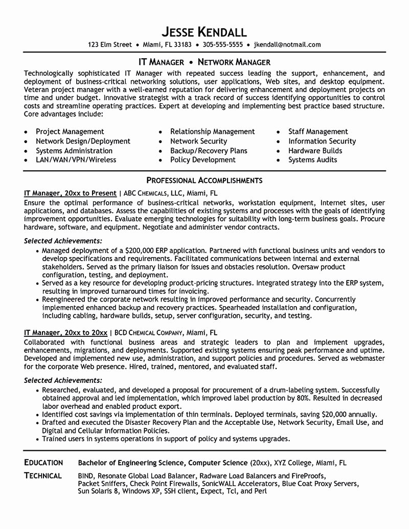 It Manager Resume Consist Of Objective or Summary Skills