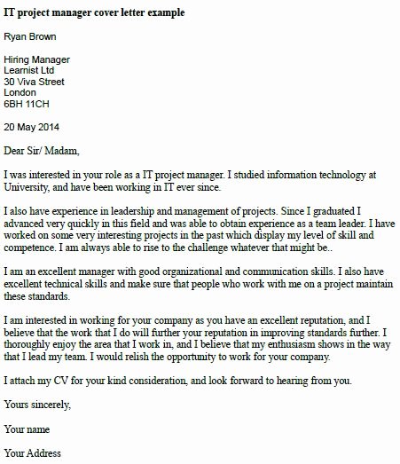 It Project Manager Cover Letter Example Learnist
