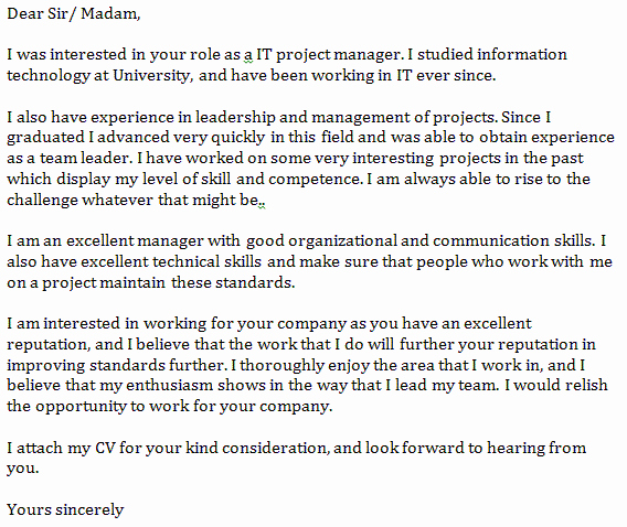 it project manager cover letter examples