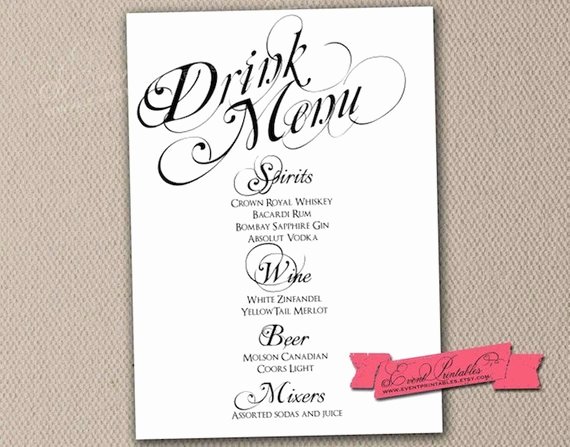 Items Similar to Printable Drink Menu Card Diy Wedding