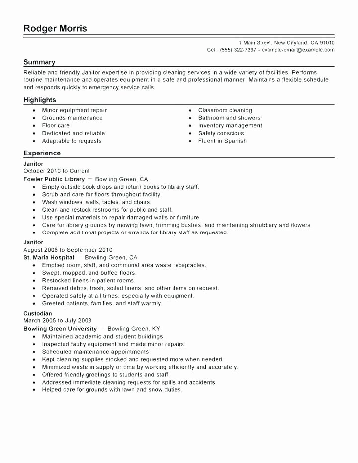 Janitor Job Description Resume Letter Example Template