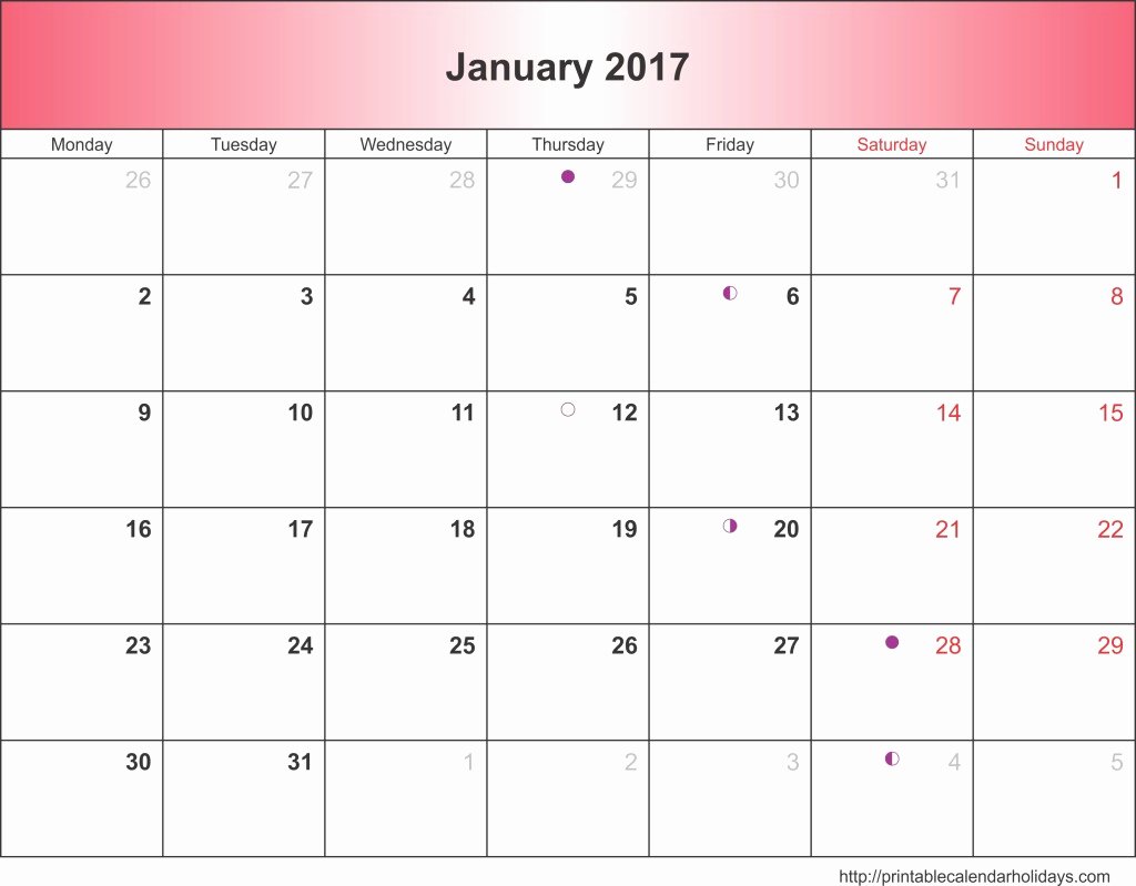 January 2017 Calendar 6 Templates Landscape Printable
