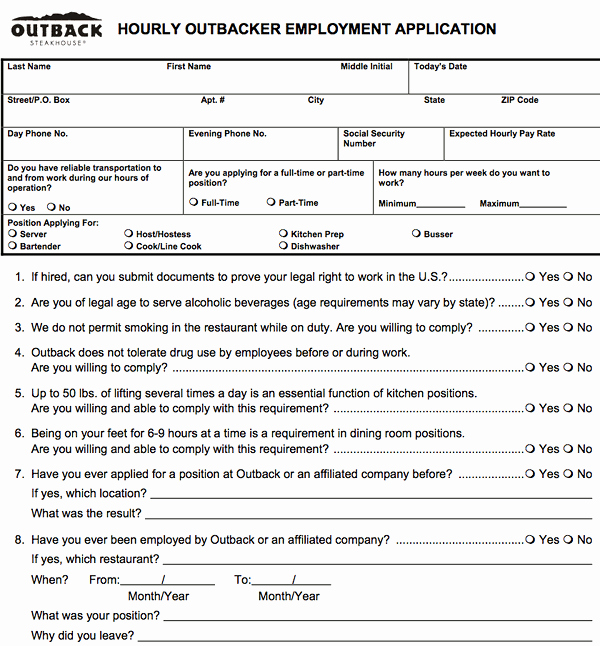 Job Application form for A Restaurant