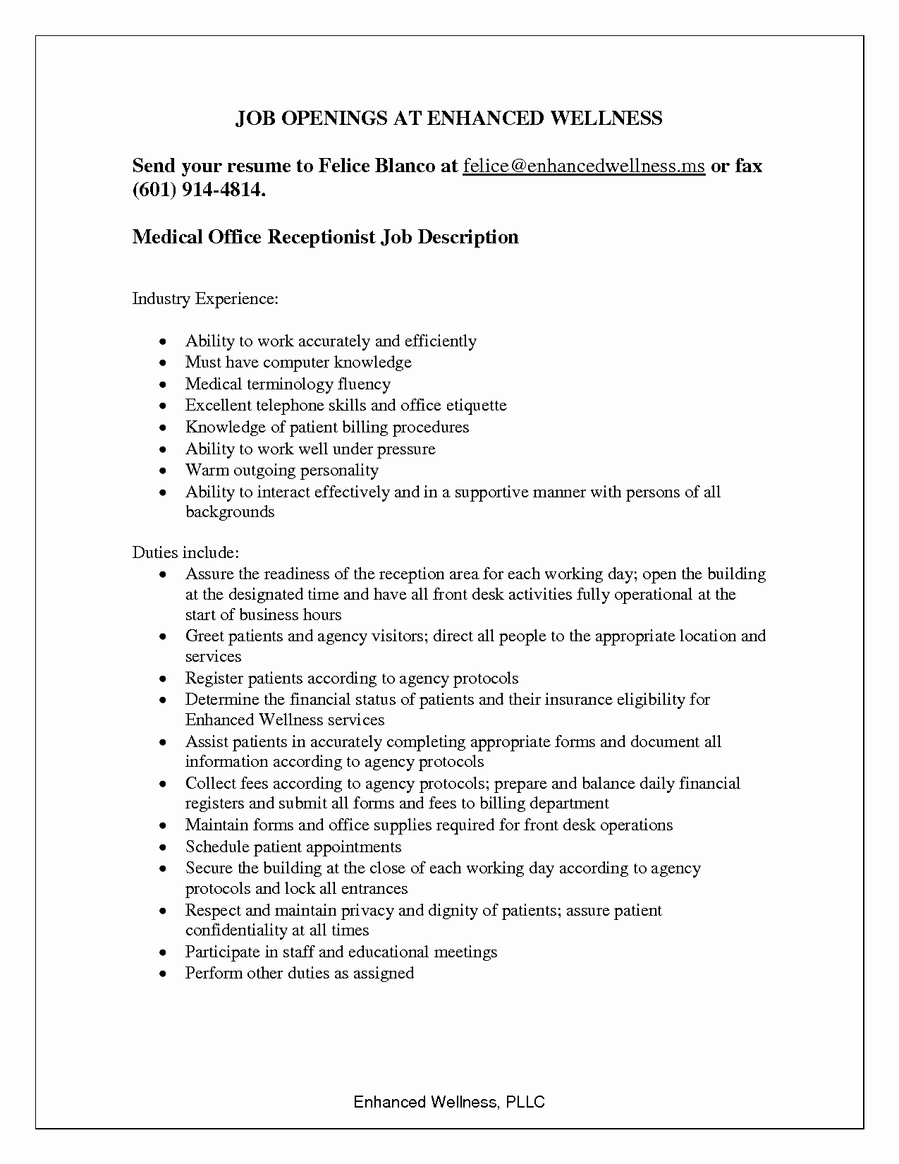 Job Opening Resume for Ofice Receptionist Job Description