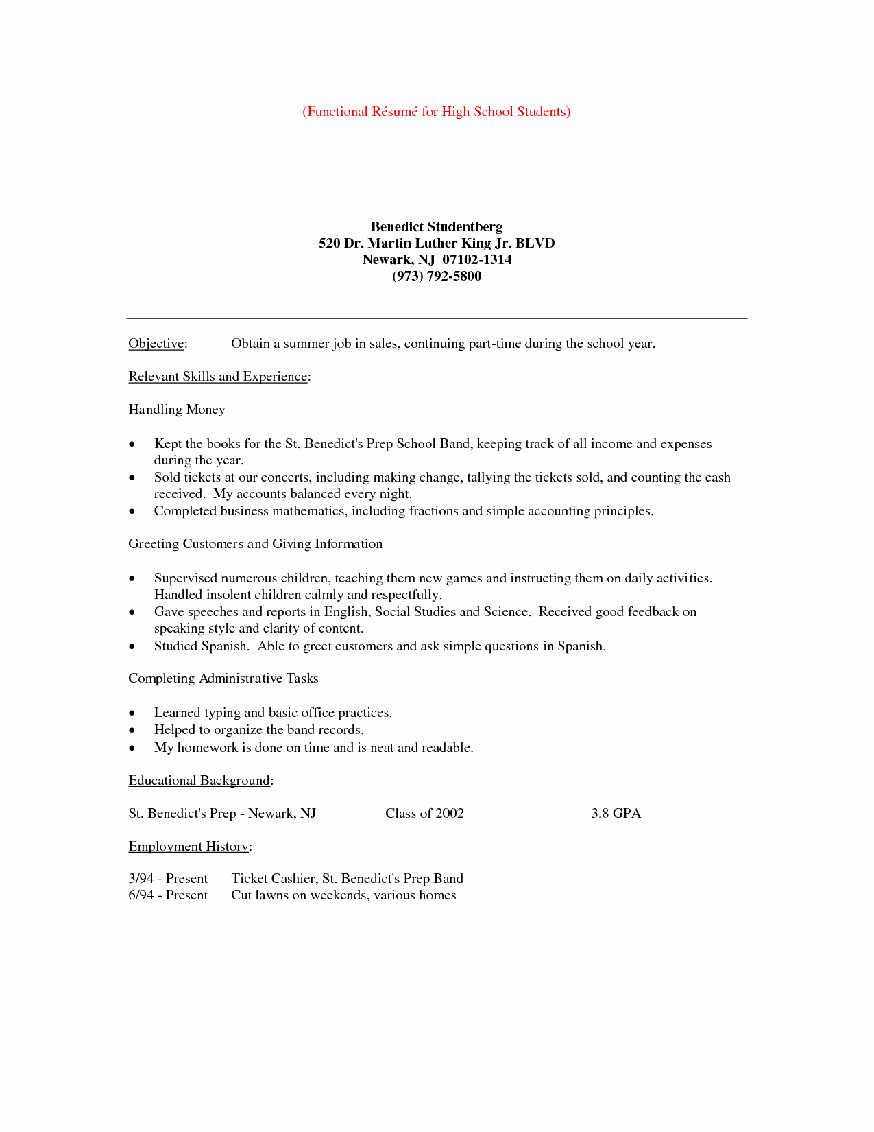 Job Resume Example for Highschool Students Template with