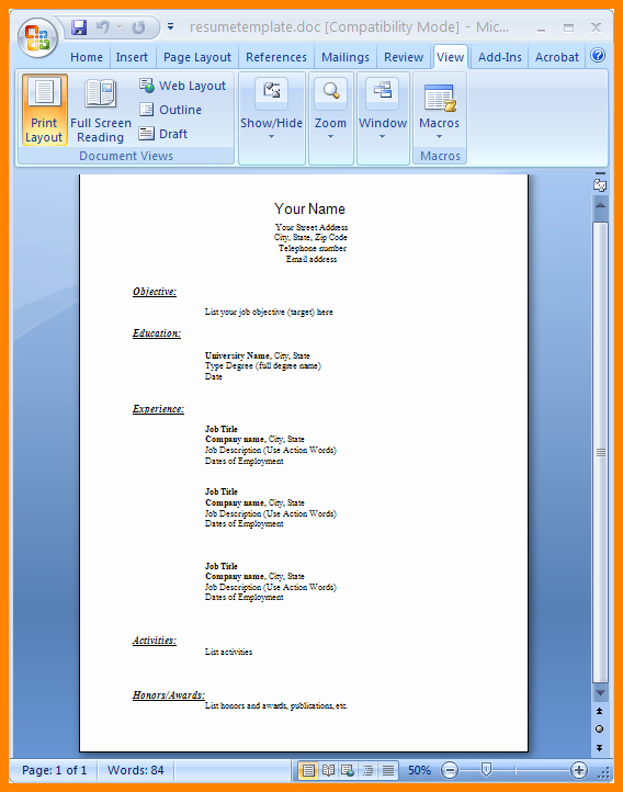 Job Resume format Word Document