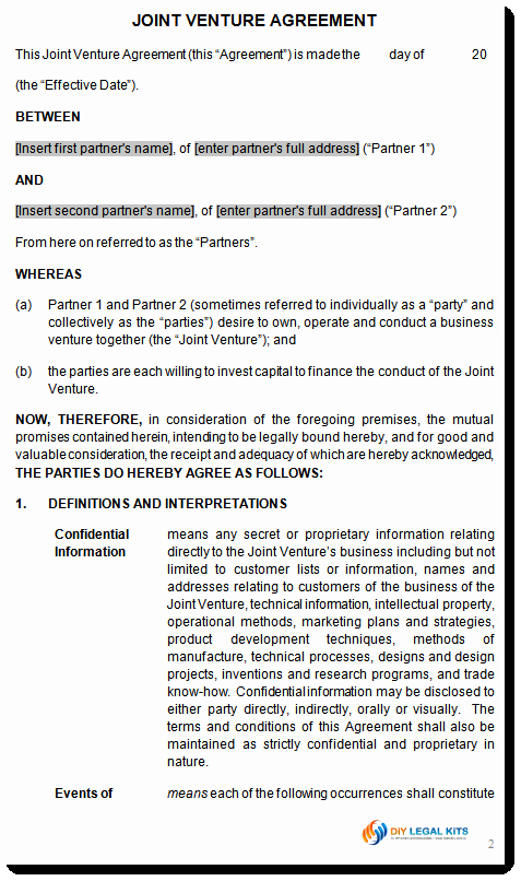 Joint Venture Agreement Contract Template