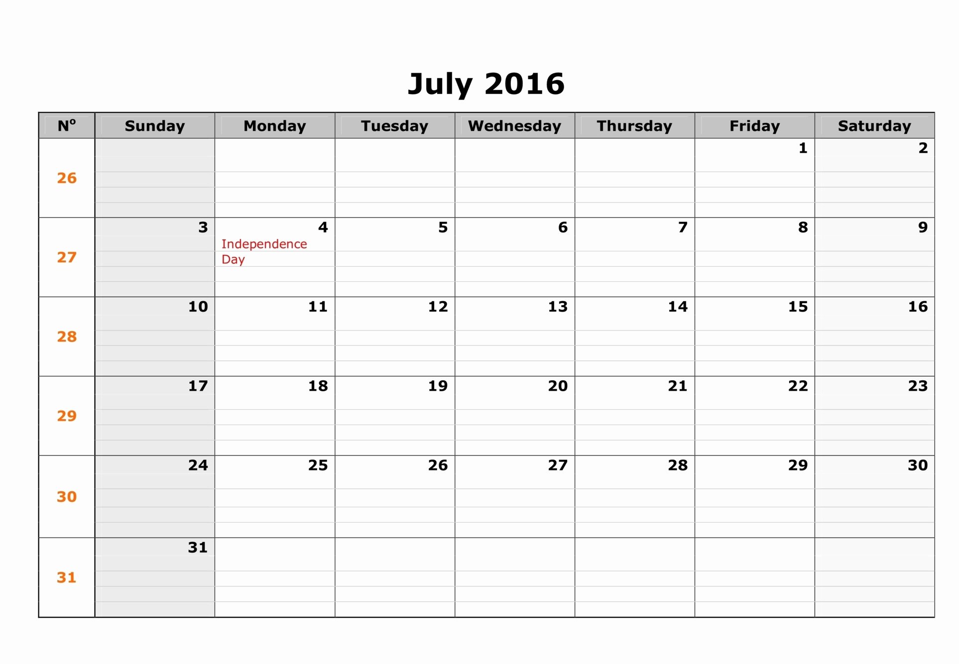 July 2016 Blank Weekly Templates