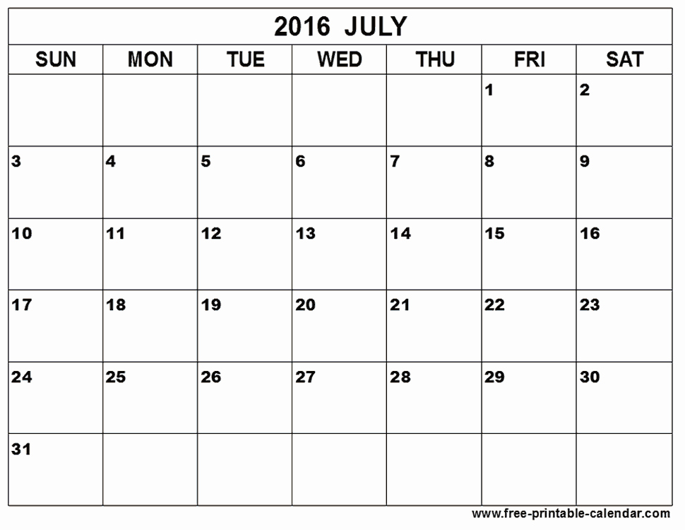 July 2016 Monthly Calendar Printable Free