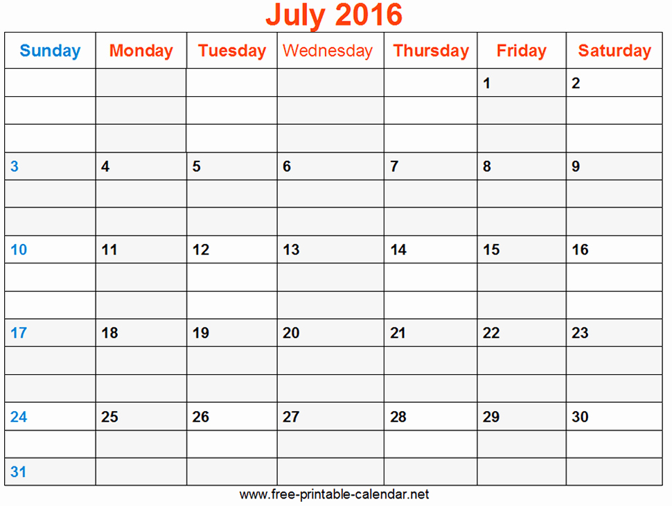 July 2016 Monthly Calendar Printable Free