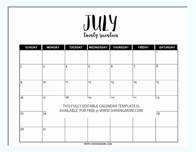 July 2017 Calendar Word