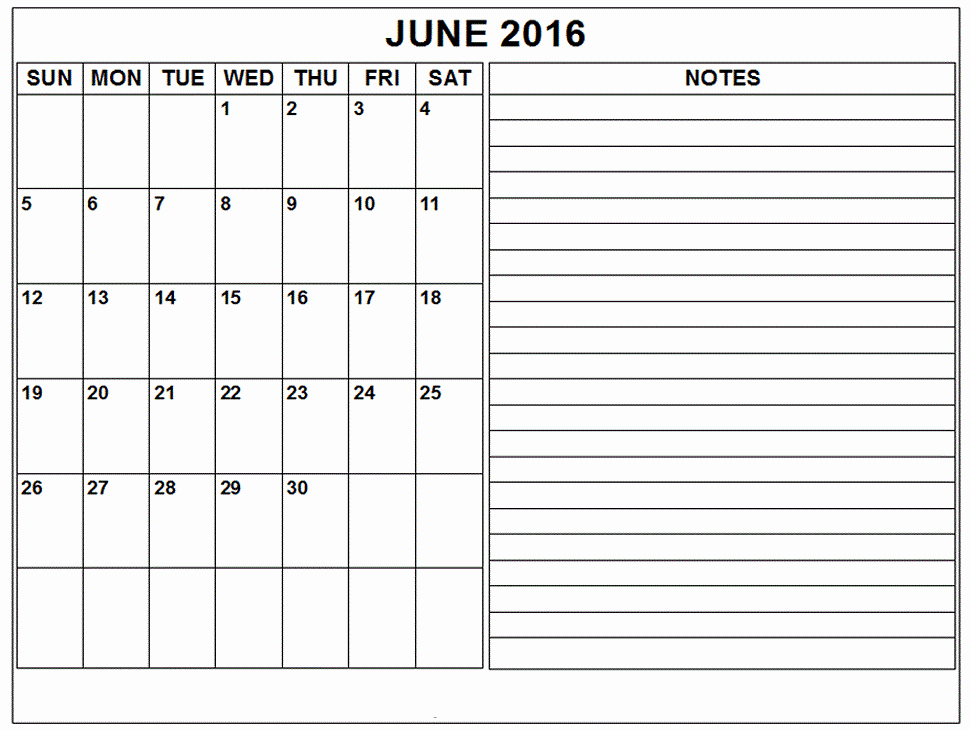 June 2016 Blank Weekly Calendar