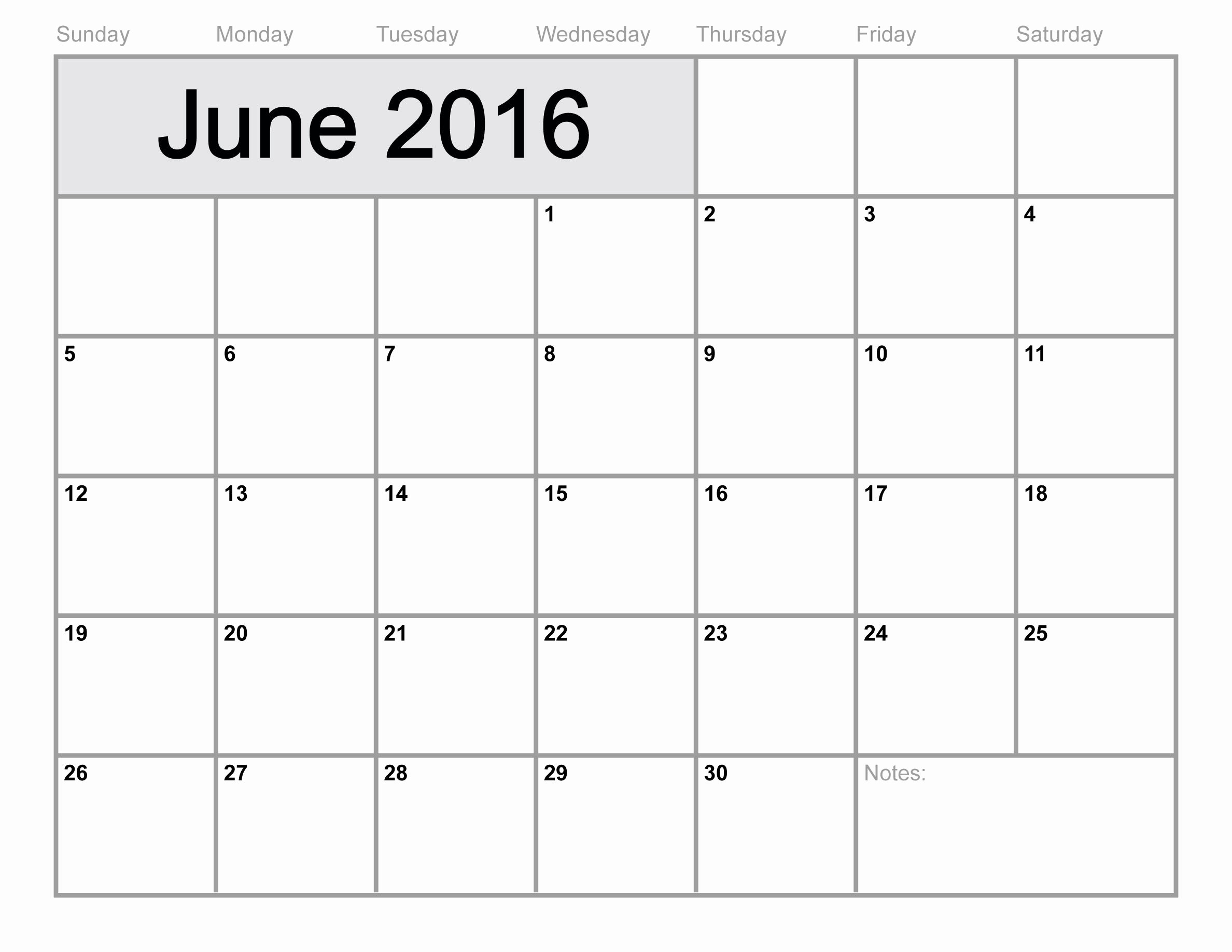 June 2016 Printable Calendar Blank Templates