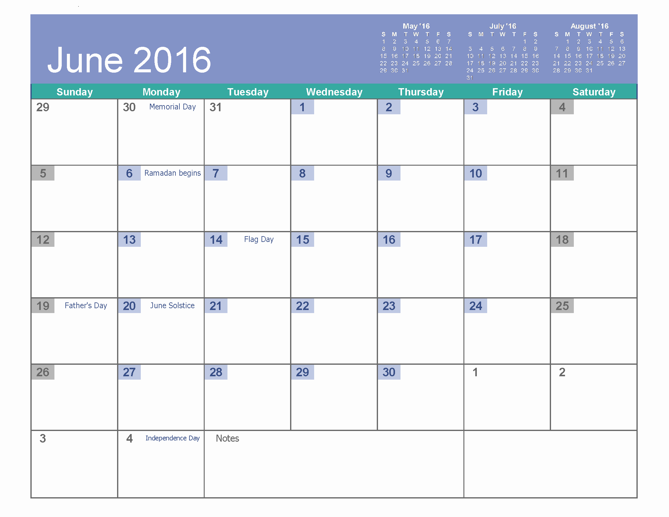 June 2016 Printable Calendar Landscape A4 Portrait
