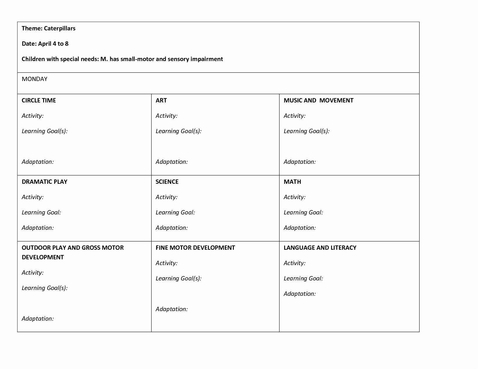 kindergarten lesson plan template