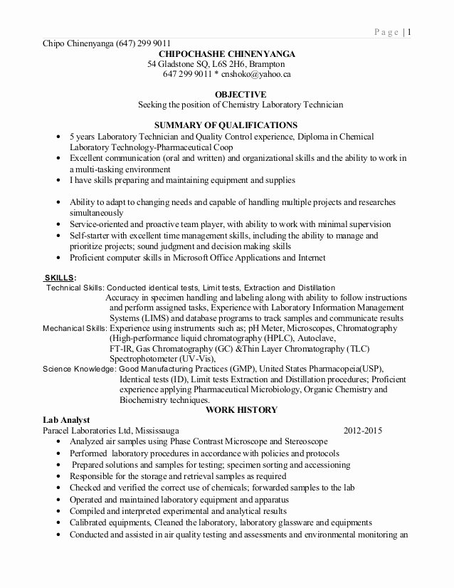 Lab Technician Resume 2015