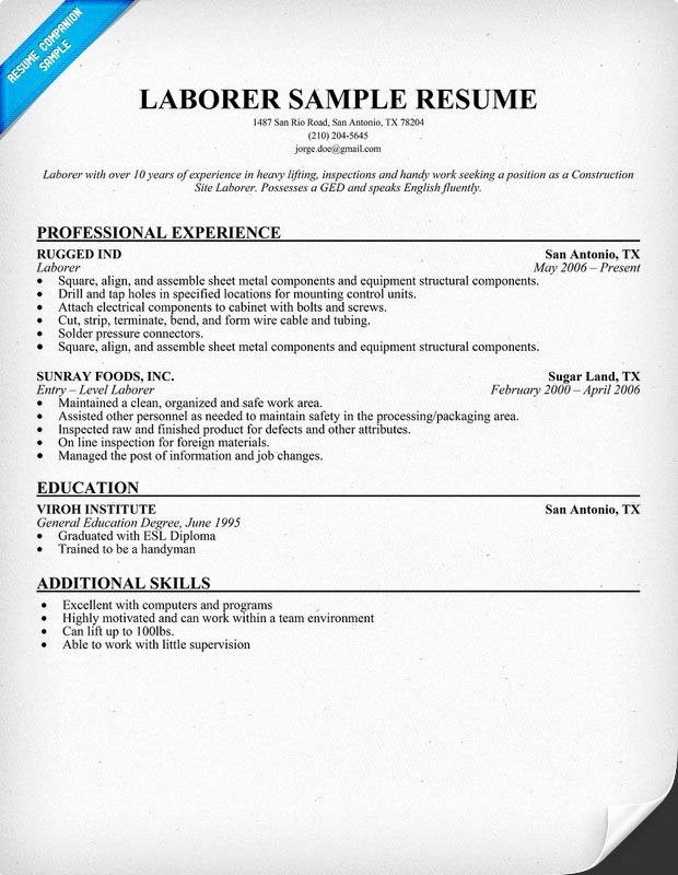 Laborer Resume Sample Resume Panion