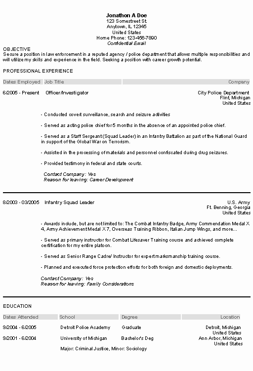 Law Enforcement Resume Example