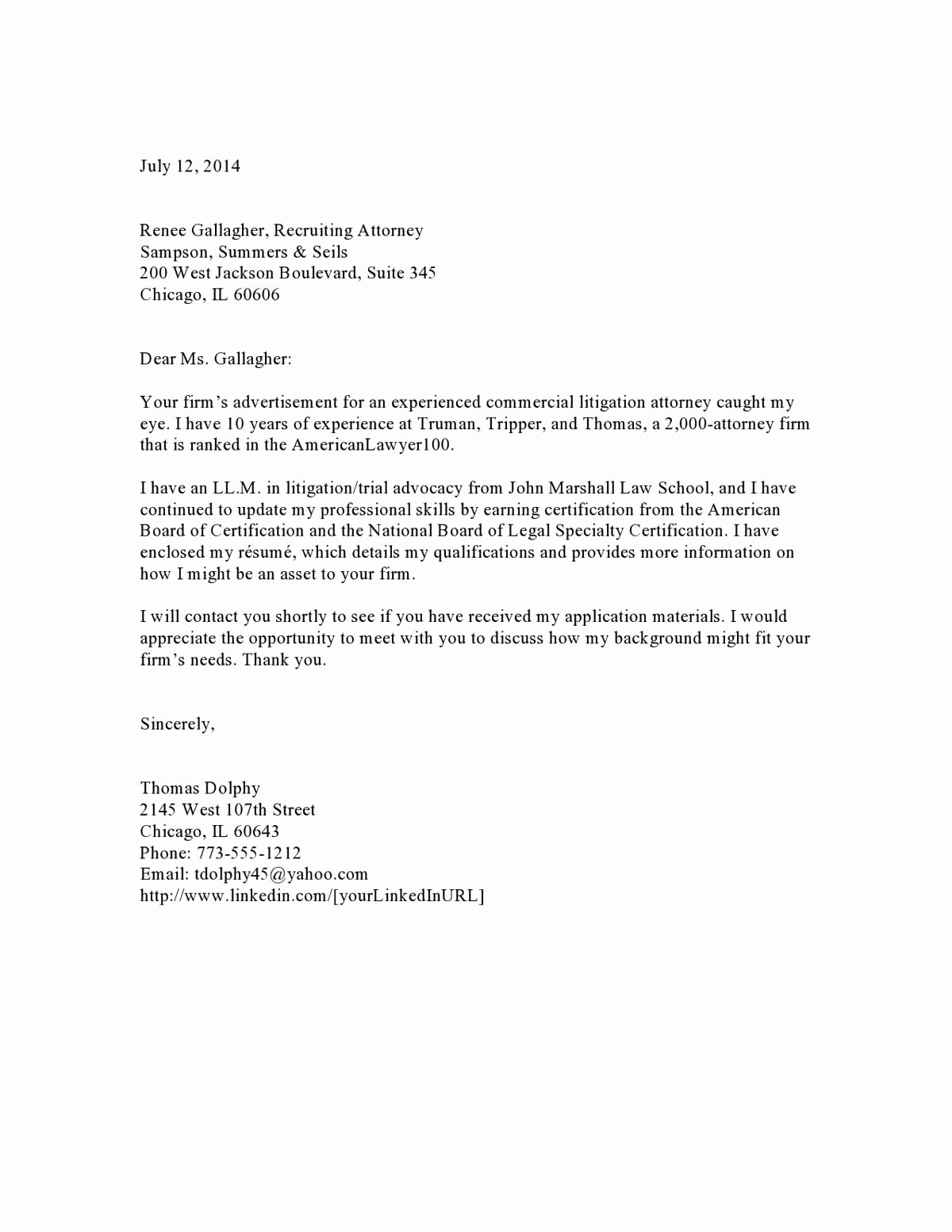 Law High Experience Cover Letter Samples Vault
