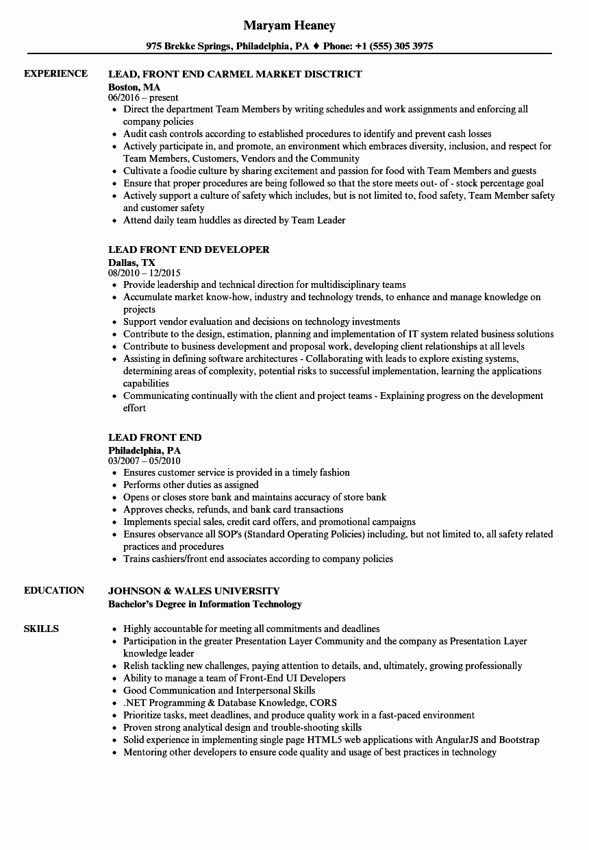 Lead Front End Resume Samples