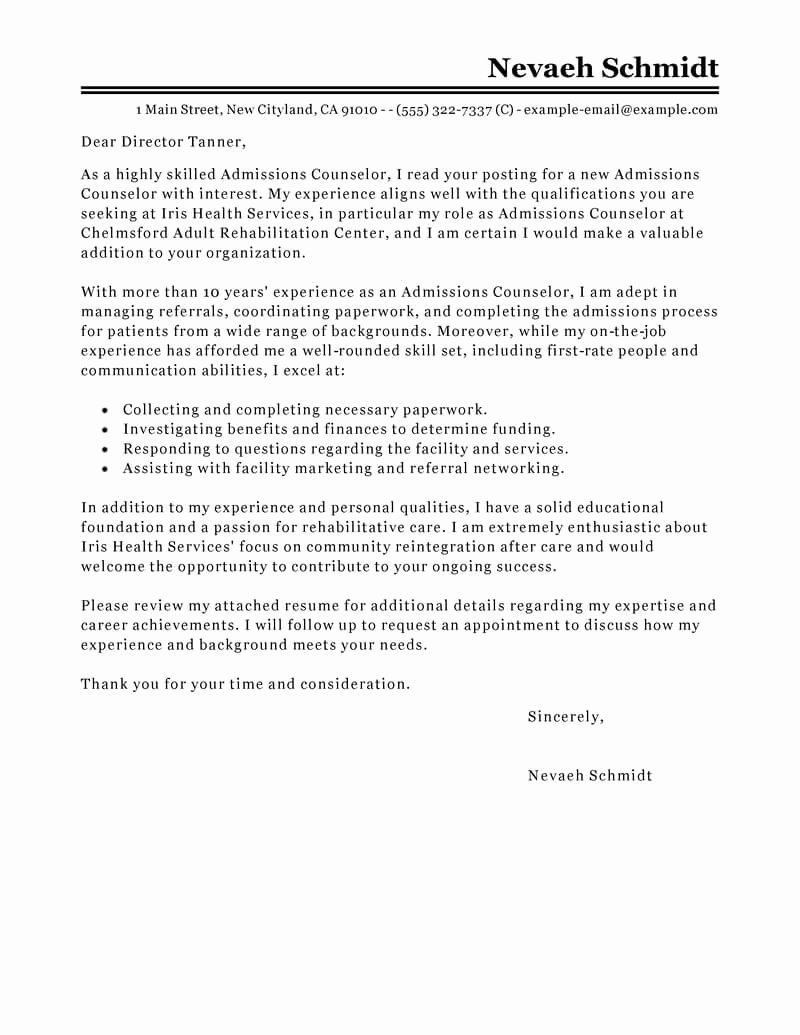 Leading Professional Admissions Counselor Cover Letter