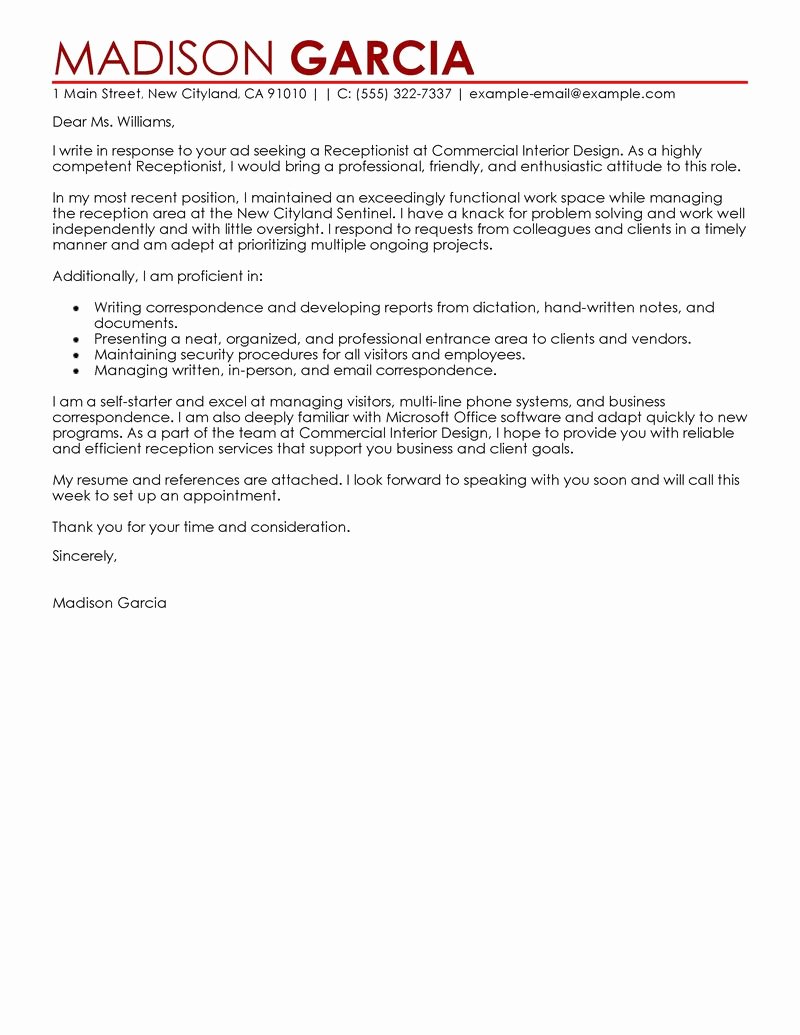 Leading Professional Receptionist Cover Letter Examples