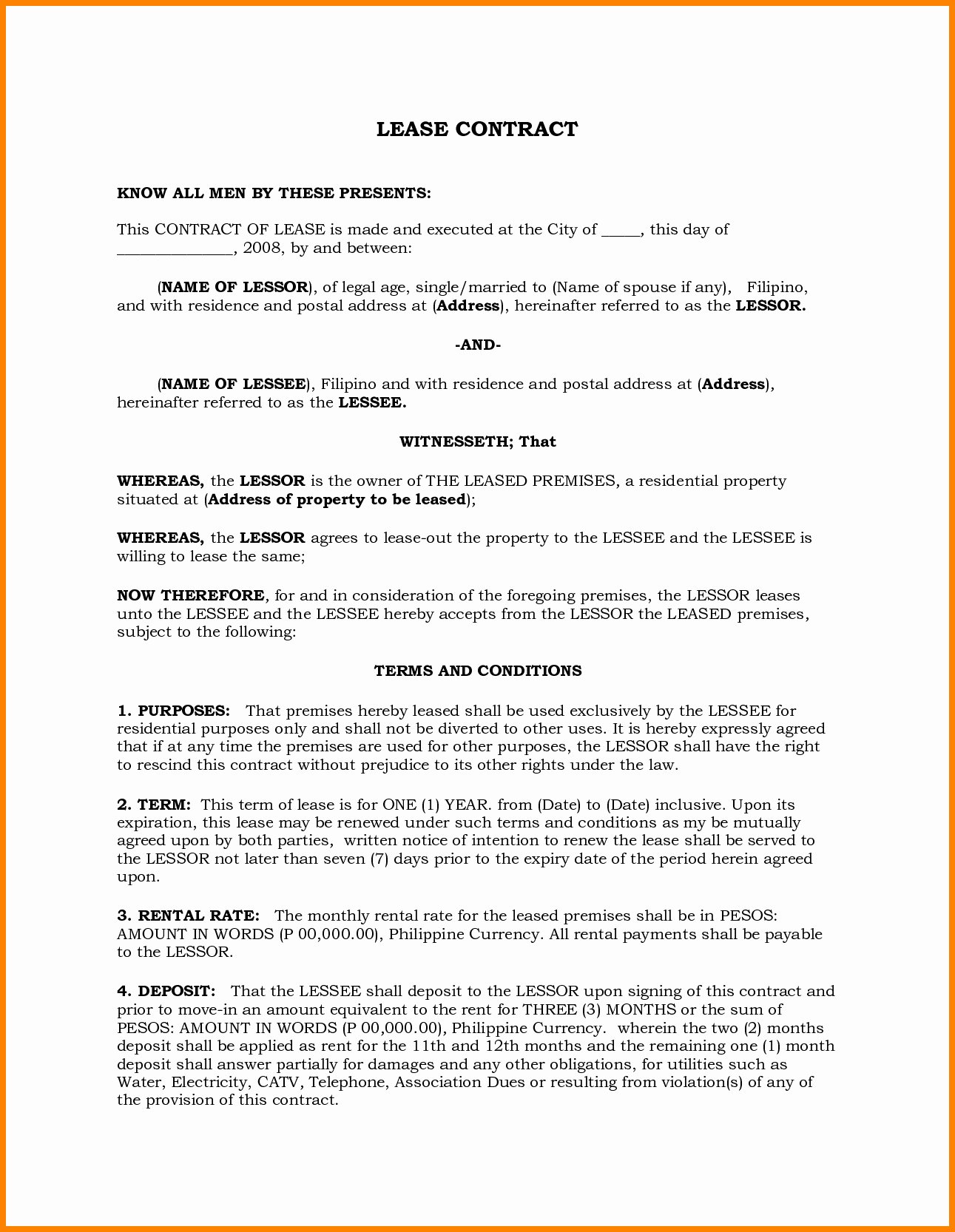 Lease Contract Template Philippines Templates Resume