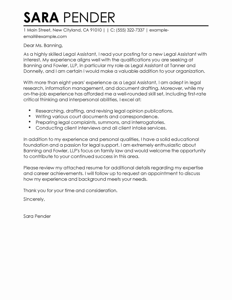 Legal assistant Cover Letter Examples