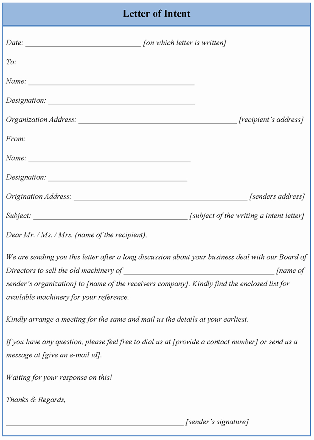 Letter Of Intent Template format for Letter Of Intent