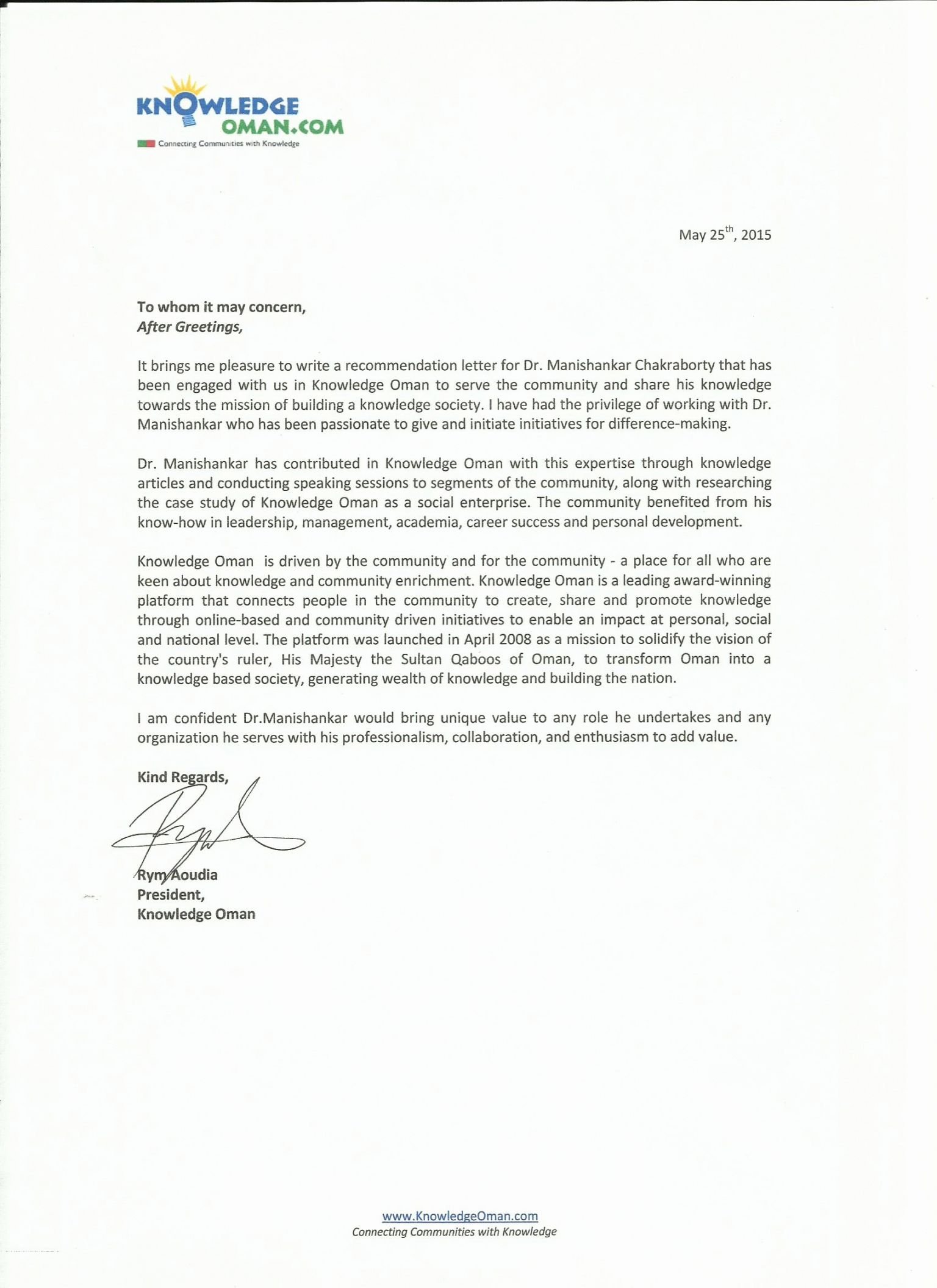 Recommendation Letter For Services Provided