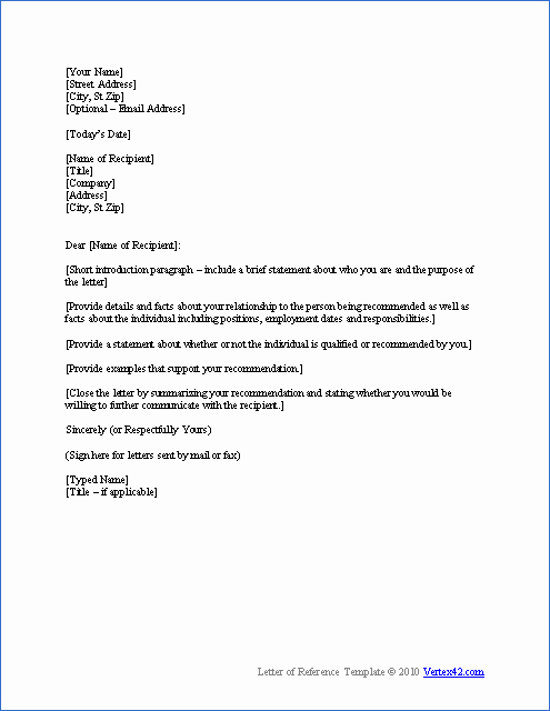 Letter Of Reference Template Personal Reference Letter