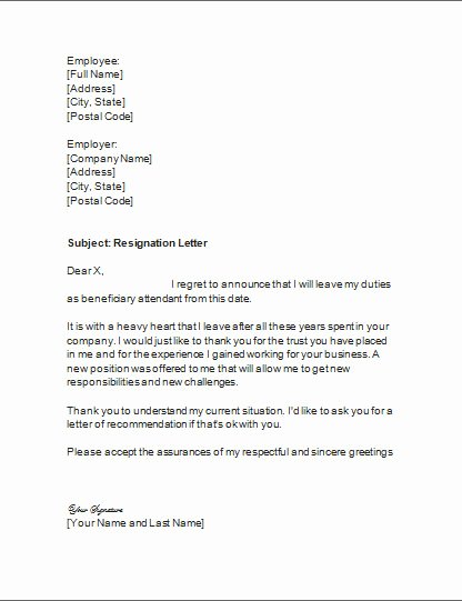 Letter Of Resignation for Beneficiary attendant