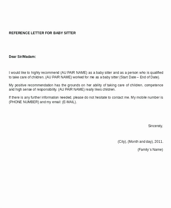 Letter Re Mendation for Babysitter Babysitter