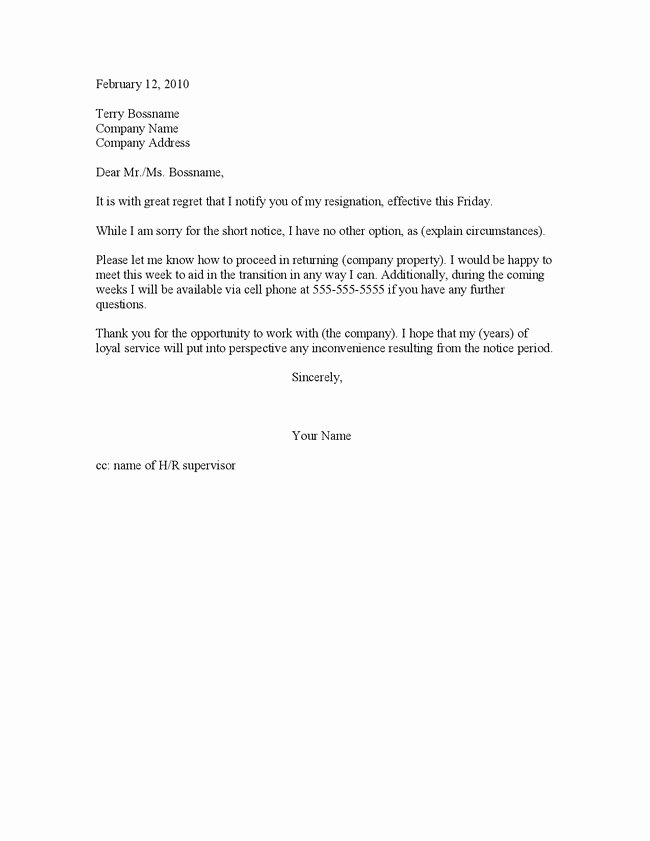 Letter Resignation 2 Weeks Notice Template