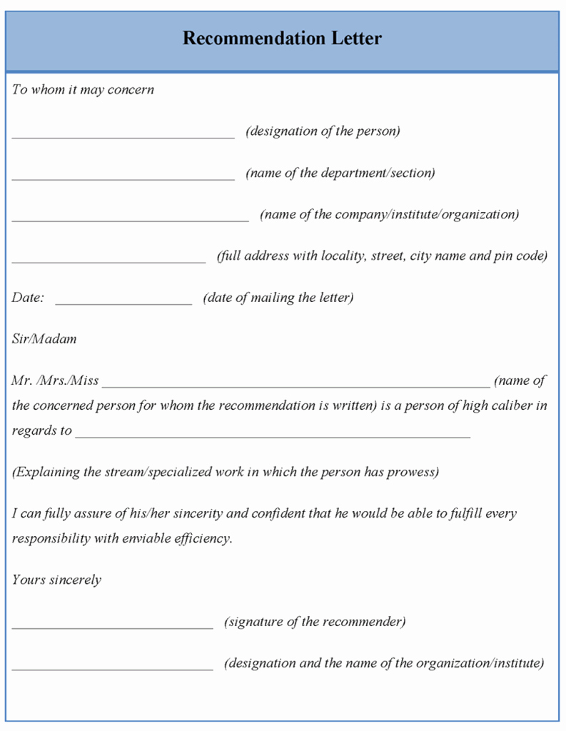 Letter Template for Re Mendation format Of