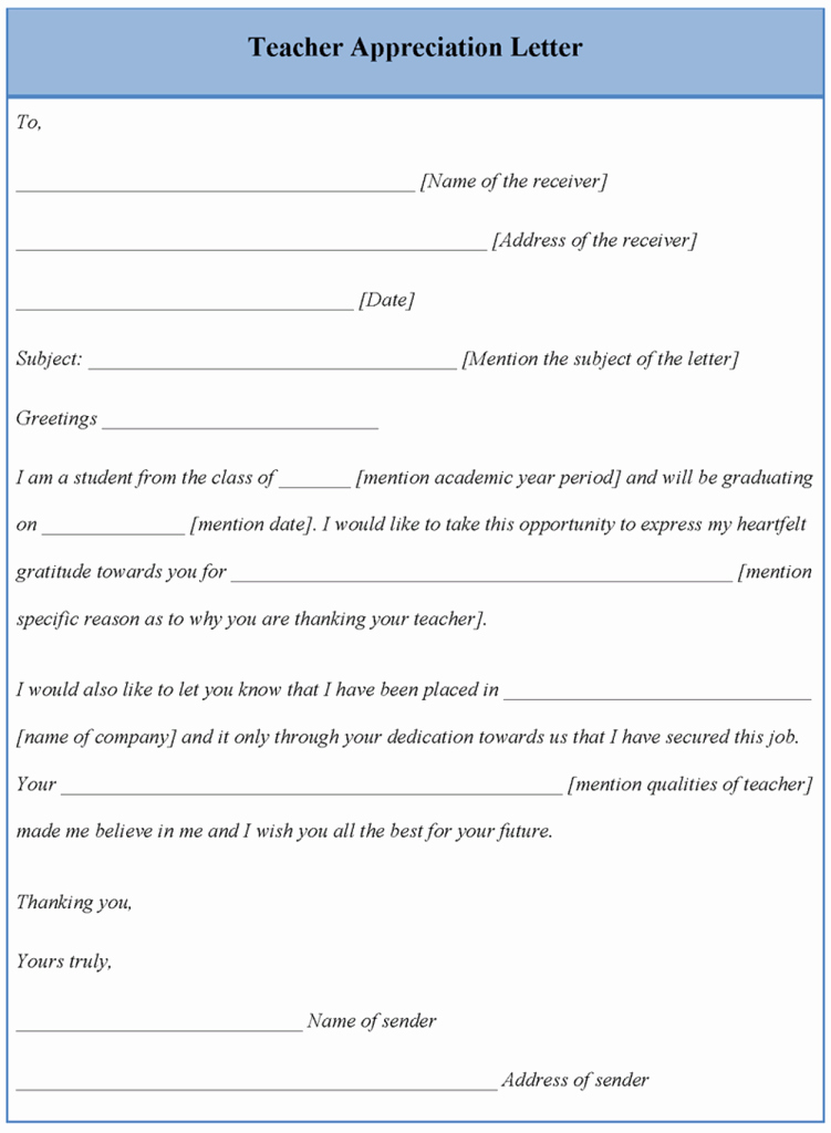 Letter Template for Teacher Appreciation format Of