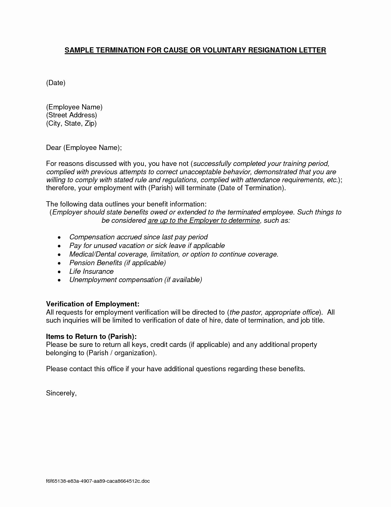 Letter Termination Employment