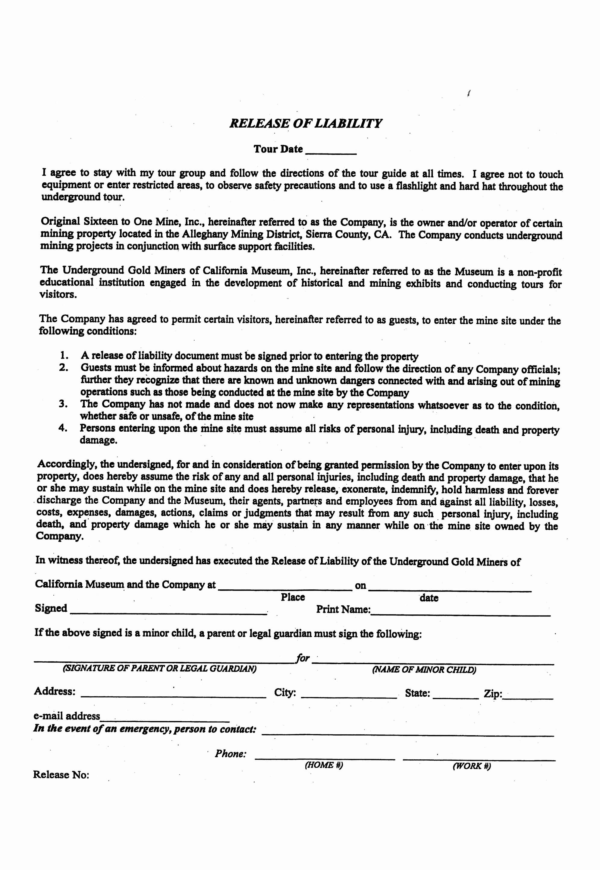 Liability Release form Template Free Printable Documents
