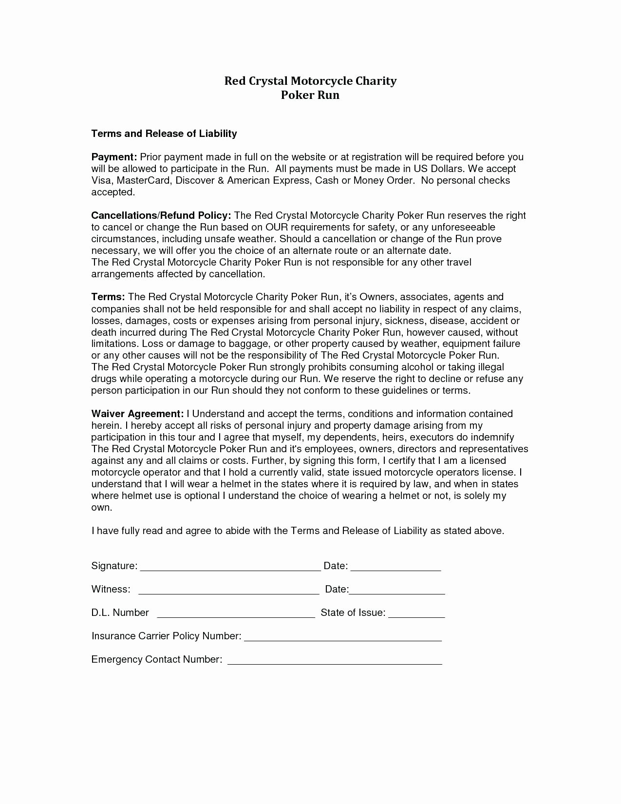 Liability Release Letter Damage Waiver form Property