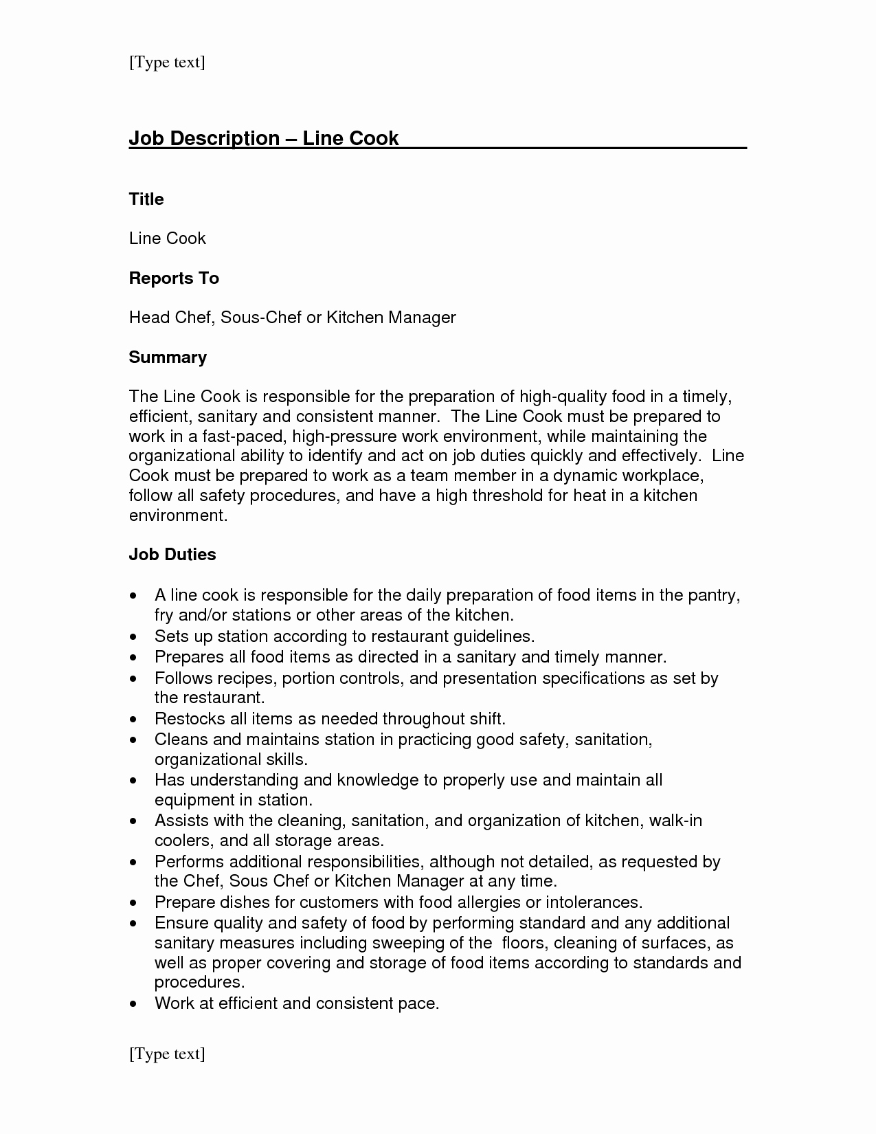Line Cook Job Description for Resume Sidemcicek