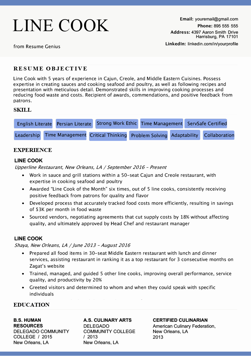 Line Cook Resume Sample &amp; Writing Tips