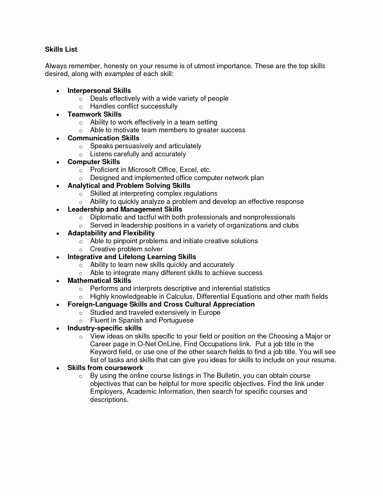 List Of Skills and Experience Examples Resume Skills